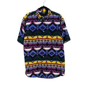 Tribal Aztec Print Button Up Shirt Bold Graphic Festival Skate Y2K Indie Size L